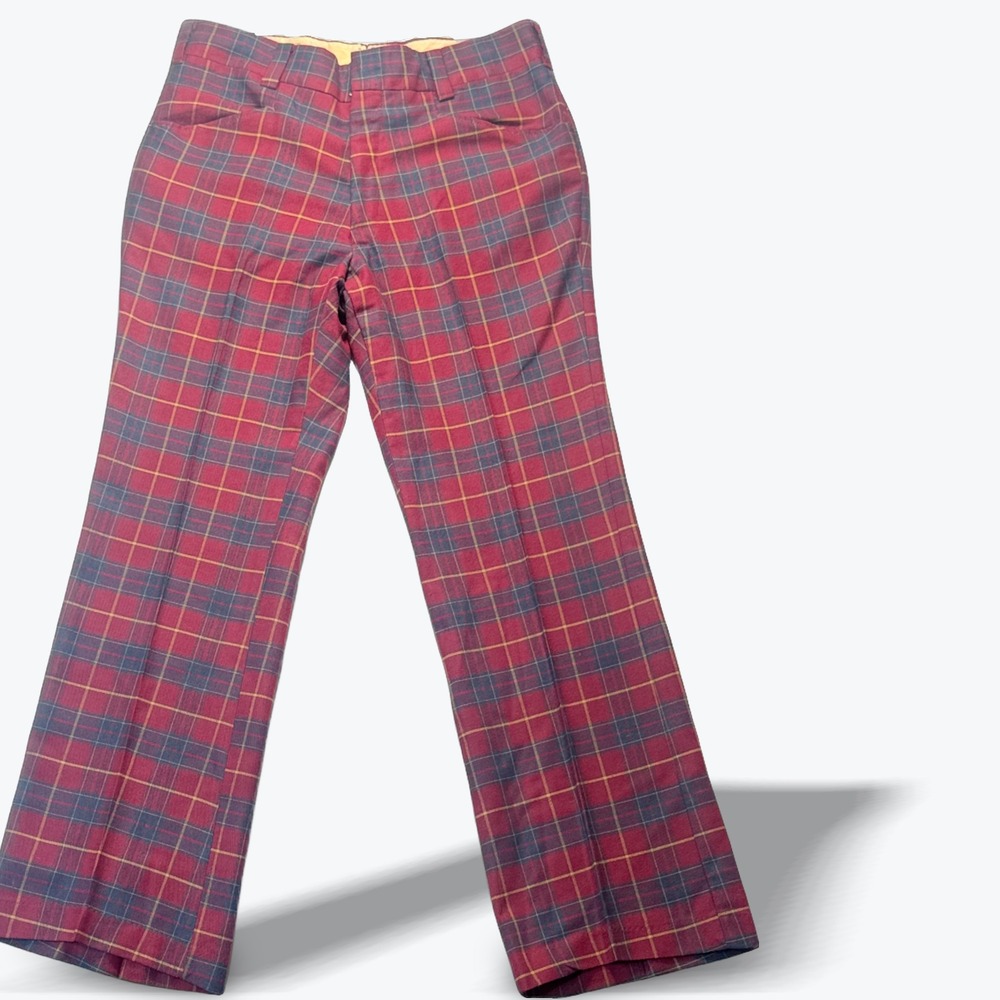 Vintage Leisure Pants 1970s Spotwood Mens 33x30 Red Tartan Plaid Golf Disco
